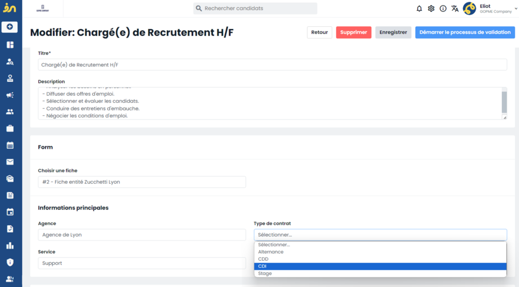 Création demande de recrutement